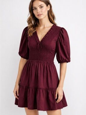 Sea New York Burgundy Smocked Puff Sleeve Mini Dress Size 8